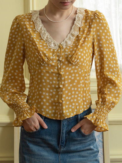 【Final Sale】Laurel V-Neck Floral Blouse - Dark Yellow