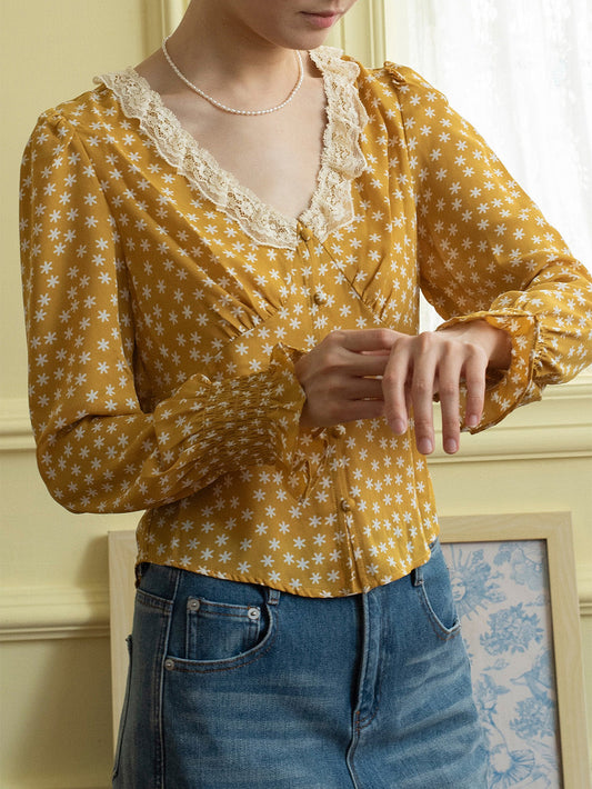 【Final Sale】Laurel V-Neck Floral Blouse - Dark Yellow