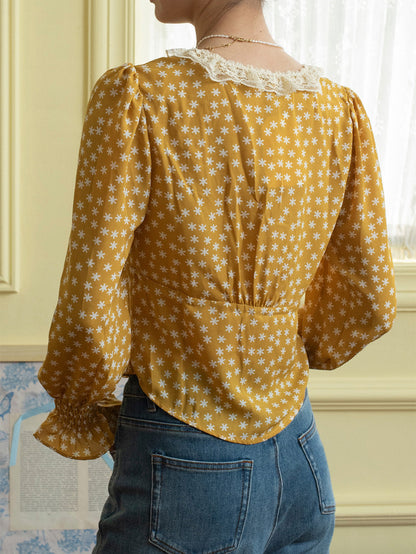 【Final Sale】Laurel V-Neck Floral Blouse - Dark Yellow