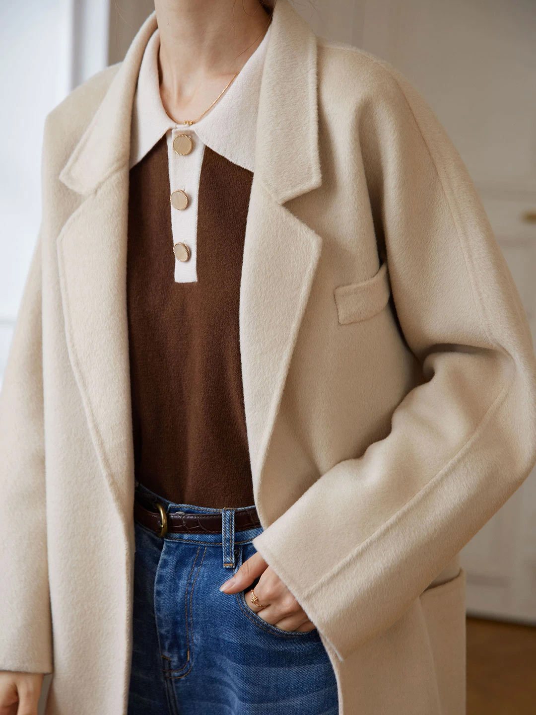 Alyssa apricot suit collar mid-length wool coat