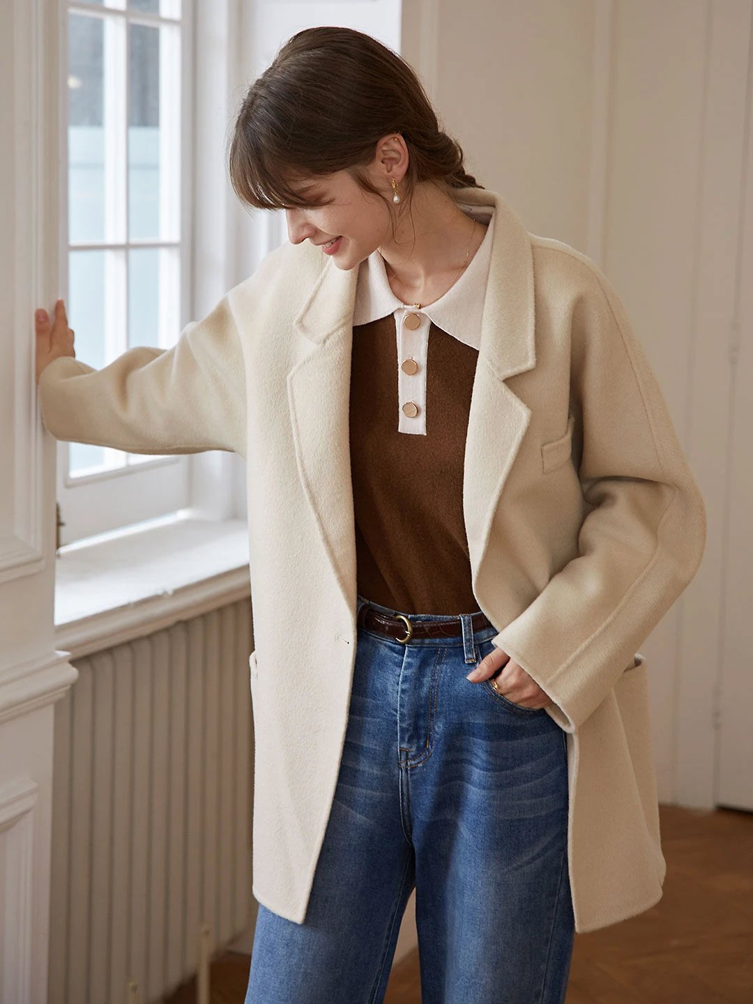 Alyssa apricot suit collar mid-length wool coat