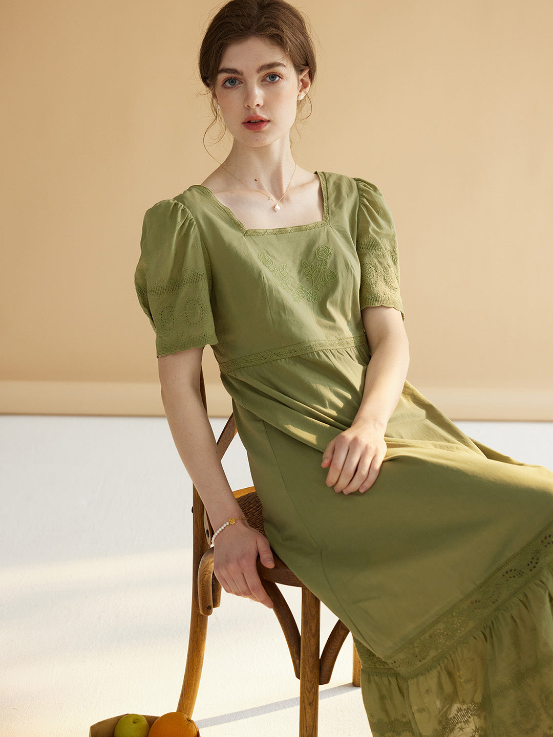 Adrianna square neck puff sleeve green dress