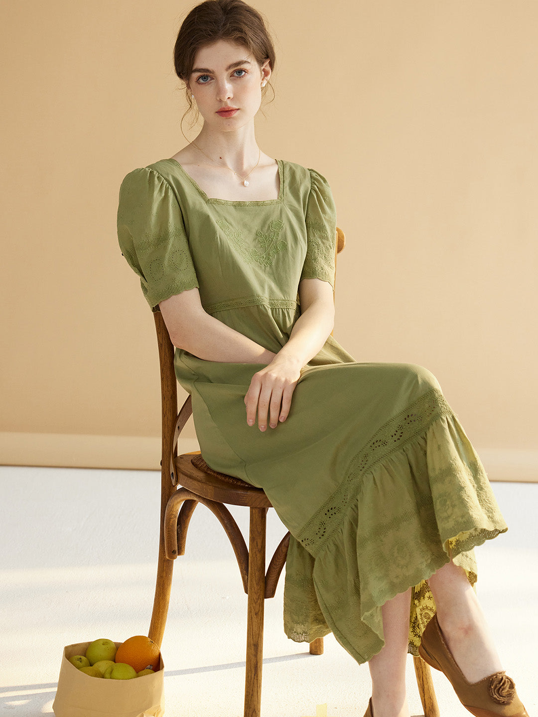 Adrianna square neck puff sleeve green dress