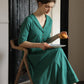Fiona 法式復古墨綠色V領收腰洋裝