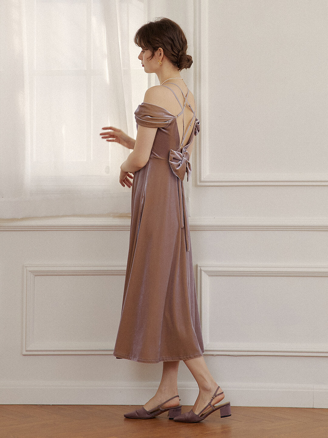 Simpleretro Journee Lace One-shoulder Purple Velvet Dress-6