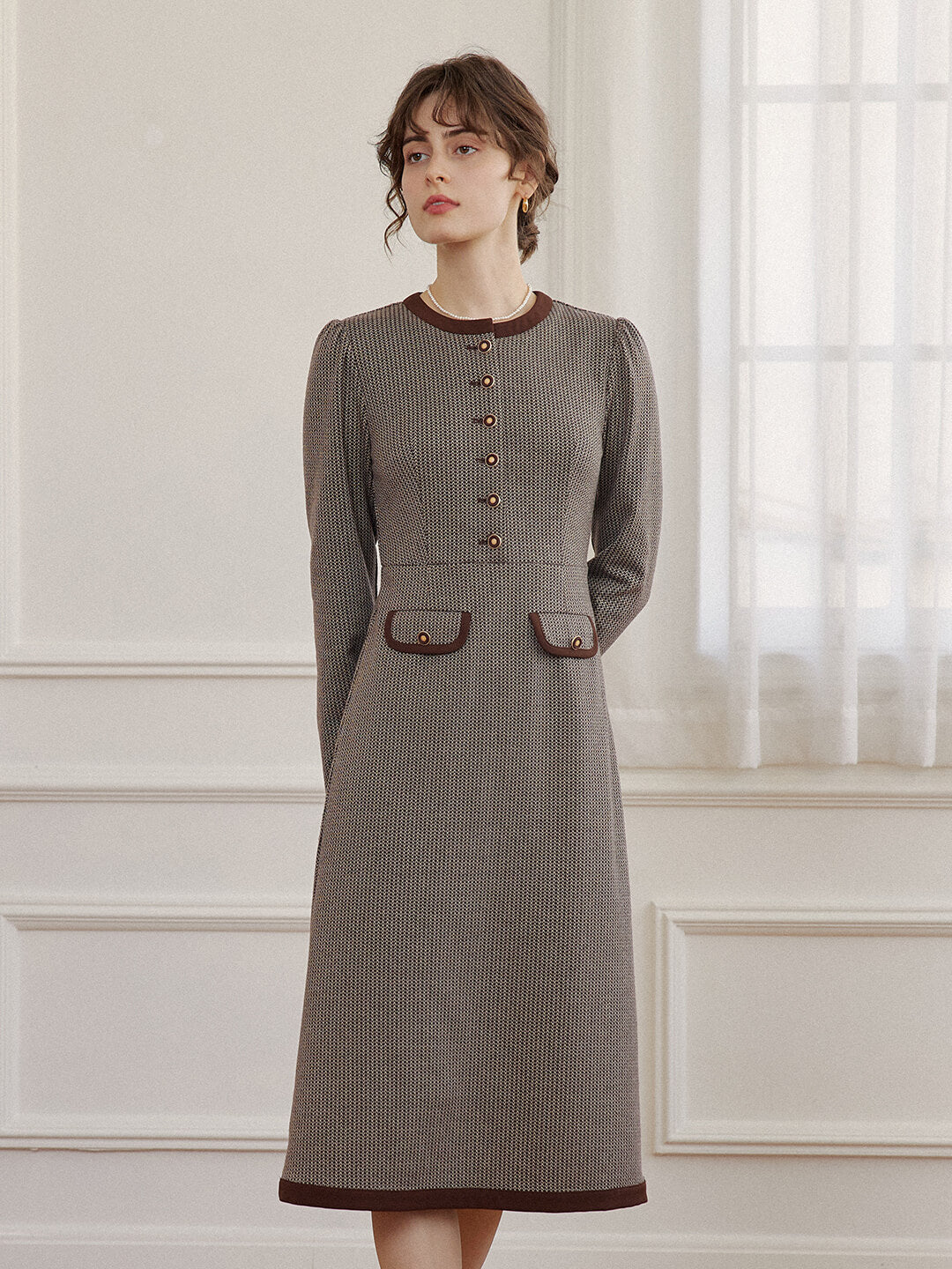 Simpleretro Kehlani 優雅復古長袖人字紋針織洋裝