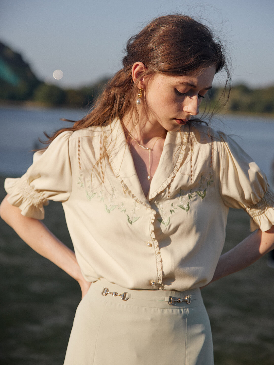 Convallaria light yellow lily of the valley embroidered puff sleeve shirt