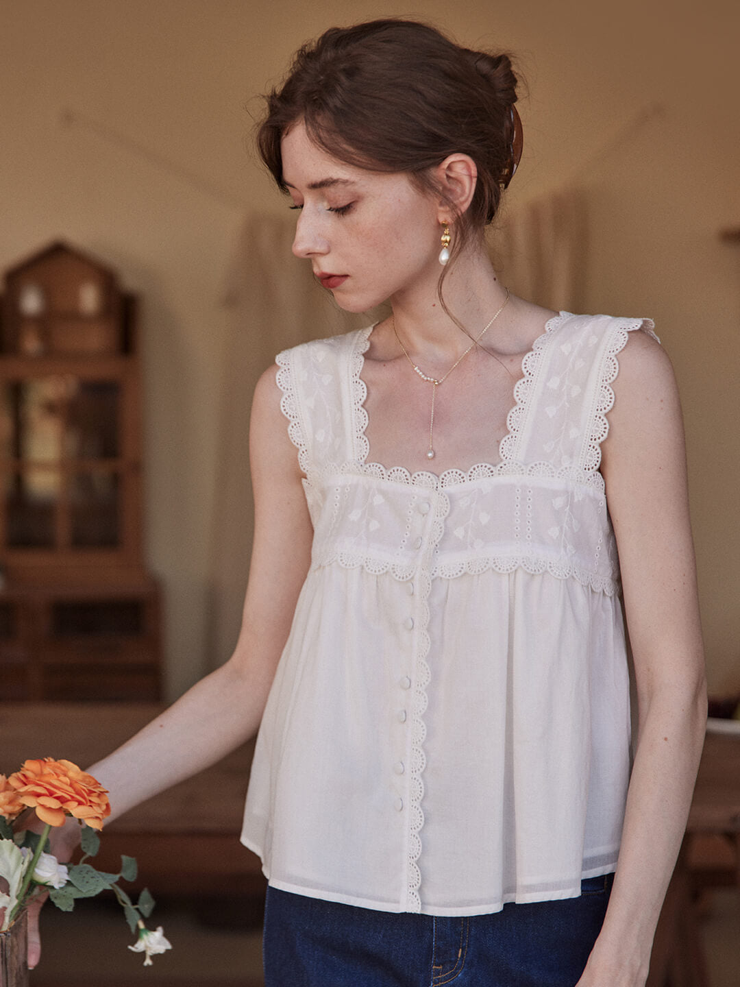 Emerie white embroidered lace halter top