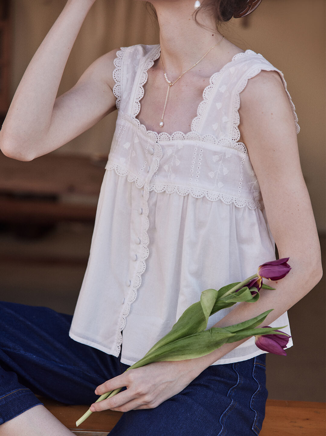 Emerie white embroidered lace halter top