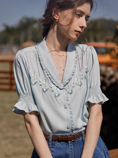 Convallaria light blue lily of the valley embroidered puff sleeve shirt