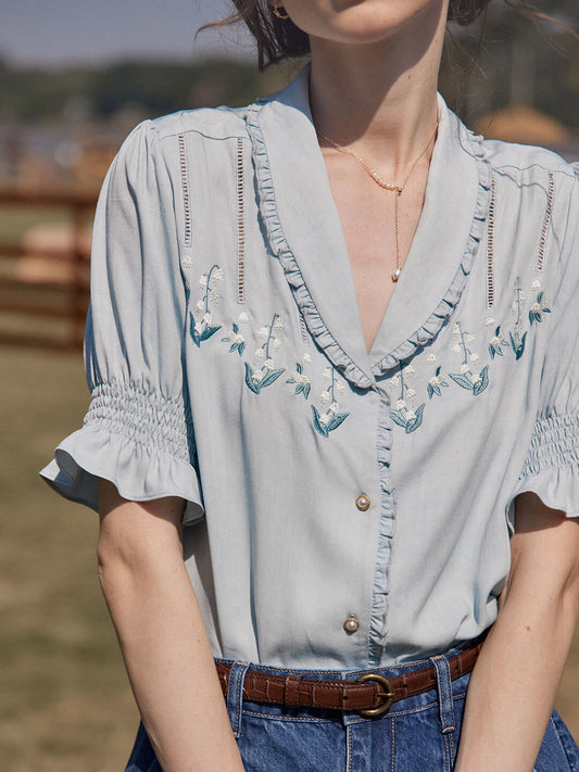 Convallaria light blue lily of the valley embroidered puff sleeve shirt
