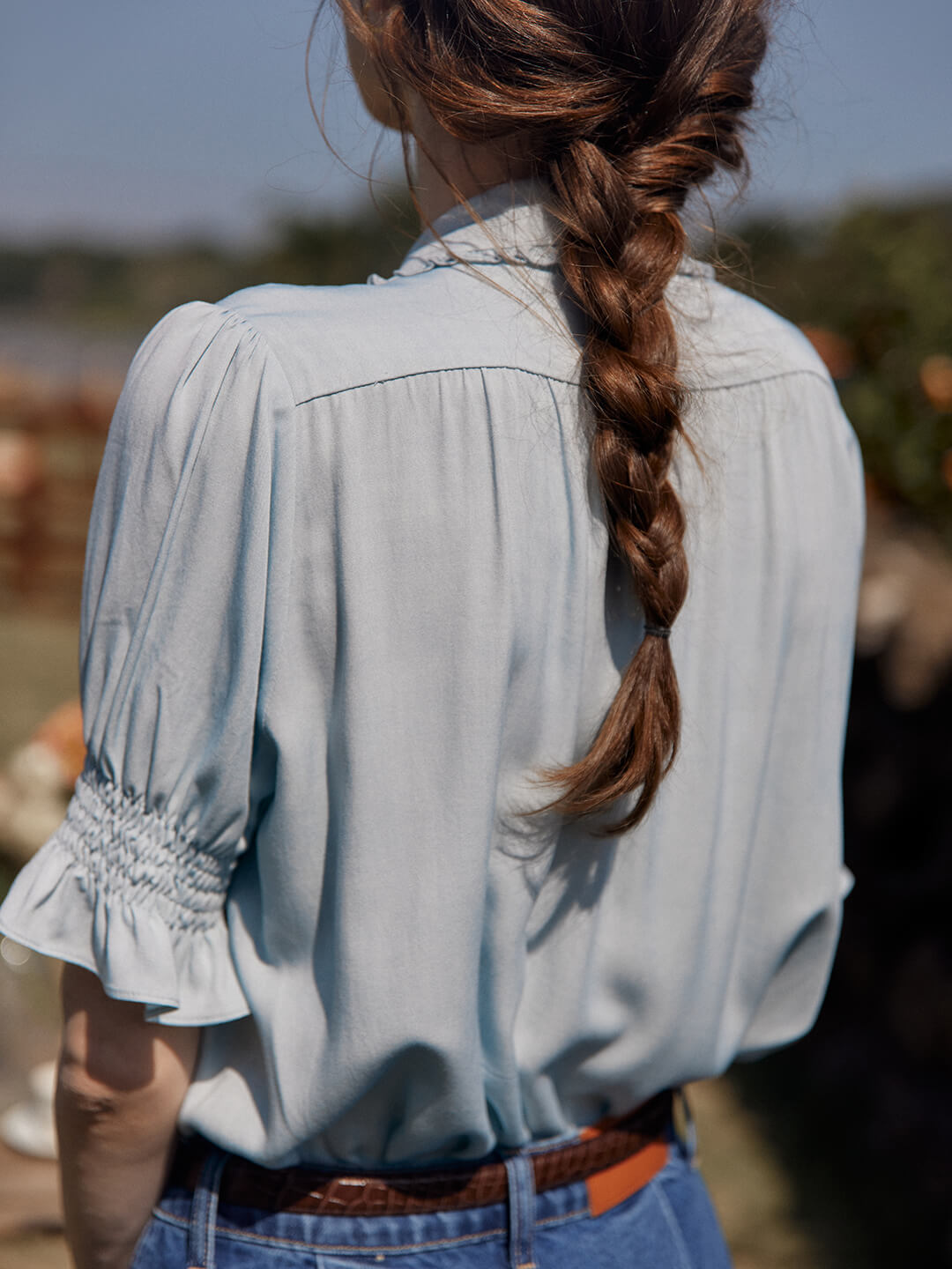 Convallaria light blue lily of the valley embroidered puff sleeve shirt