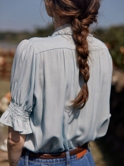 Convallaria light blue lily of the valley embroidered puff sleeve shirt