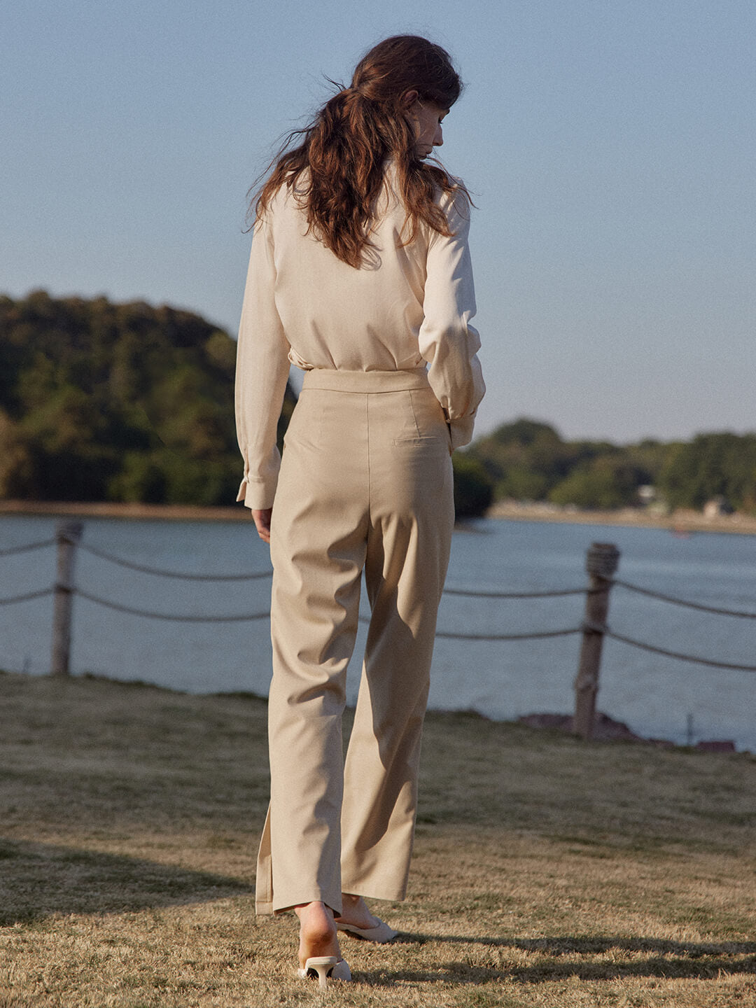 Athena light brown high-waisted straight suit pants