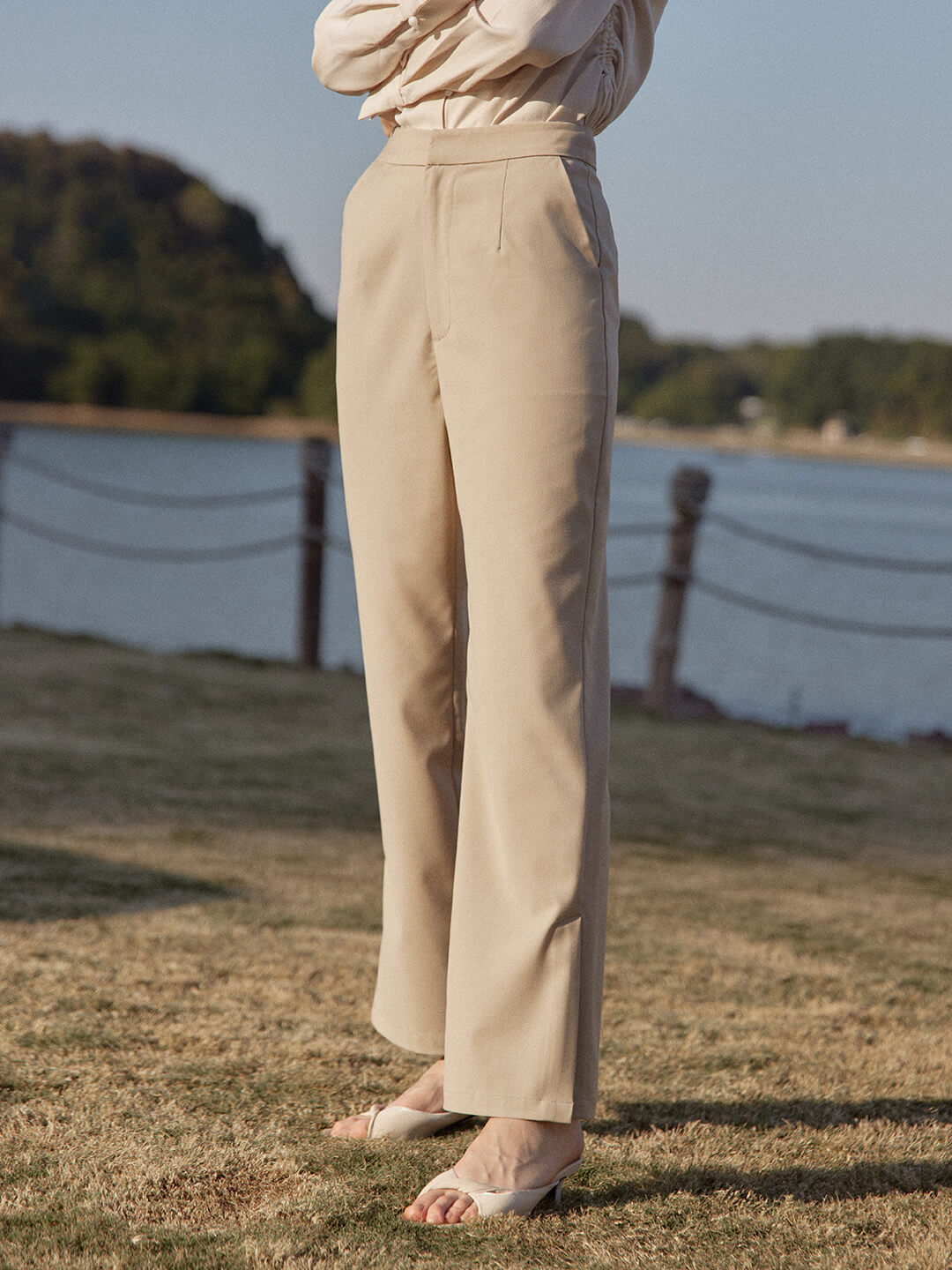 Athena light brown high-waisted straight suit pants