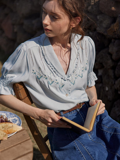 Convallaria light blue lily of the valley embroidered puff sleeve shirt