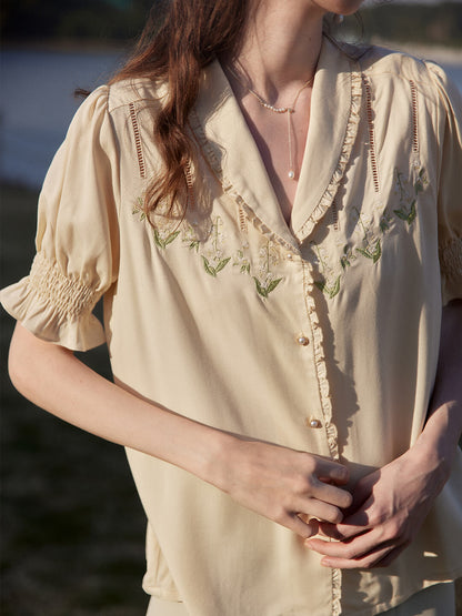 Convallaria light yellow lily of the valley embroidered puff sleeve shirt