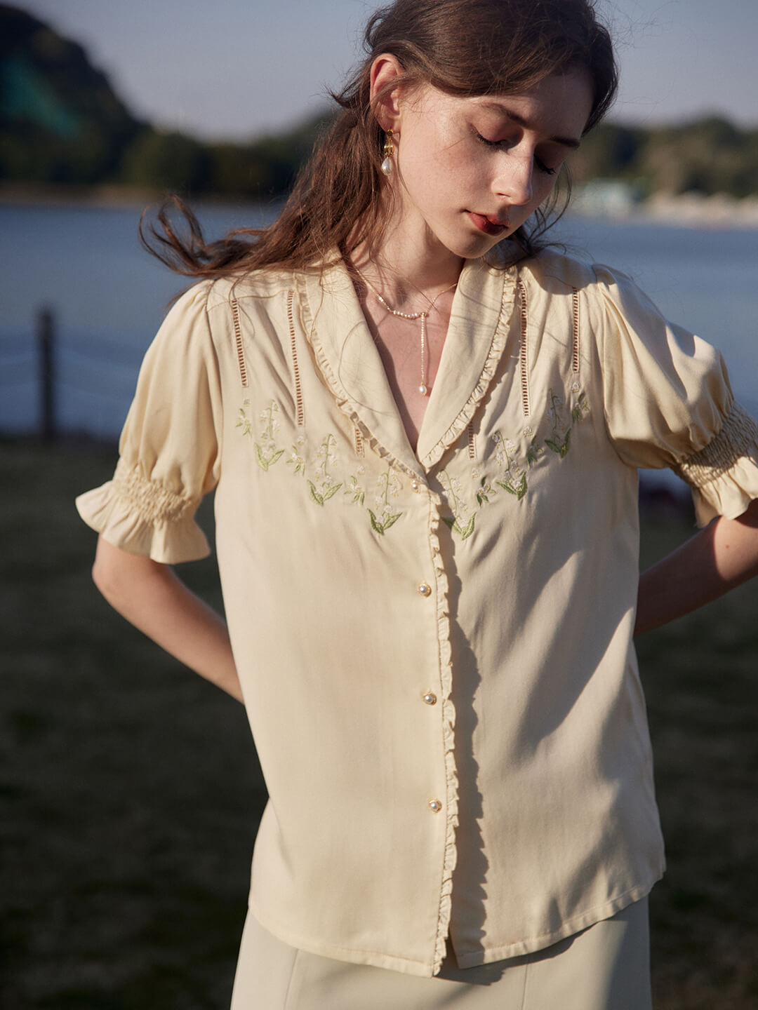 Convallaria light yellow lily of the valley embroidered puff sleeve shirt