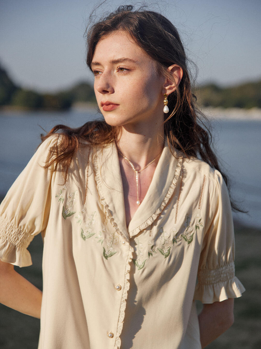 Convallaria light yellow lily of the valley embroidered puff sleeve shirt