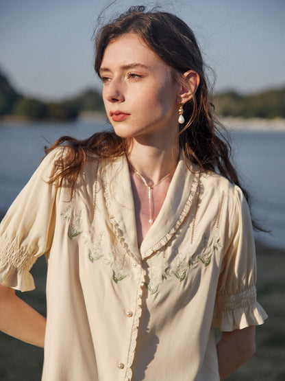 Convallaria light yellow lily of the valley embroidered puff sleeve shirt