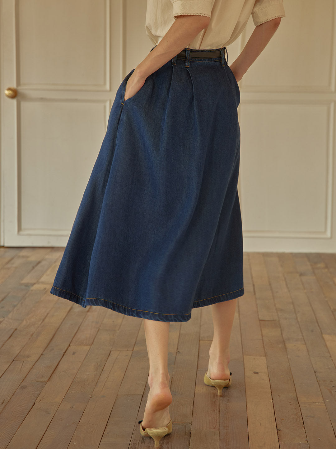 Lyla 深藍色高腰中長款牛仔半身裙
