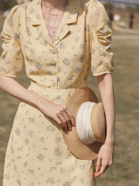 Fannie yellow shirt collar floral dress