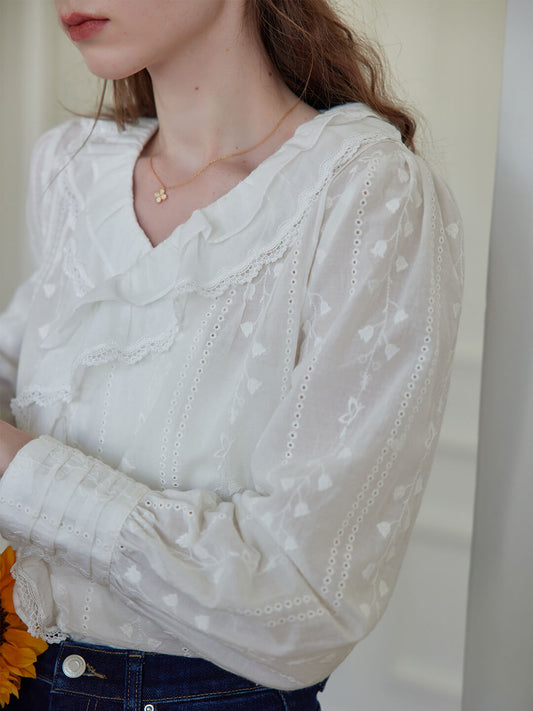 Lilyana 白色荷葉邊刺繡襯衫