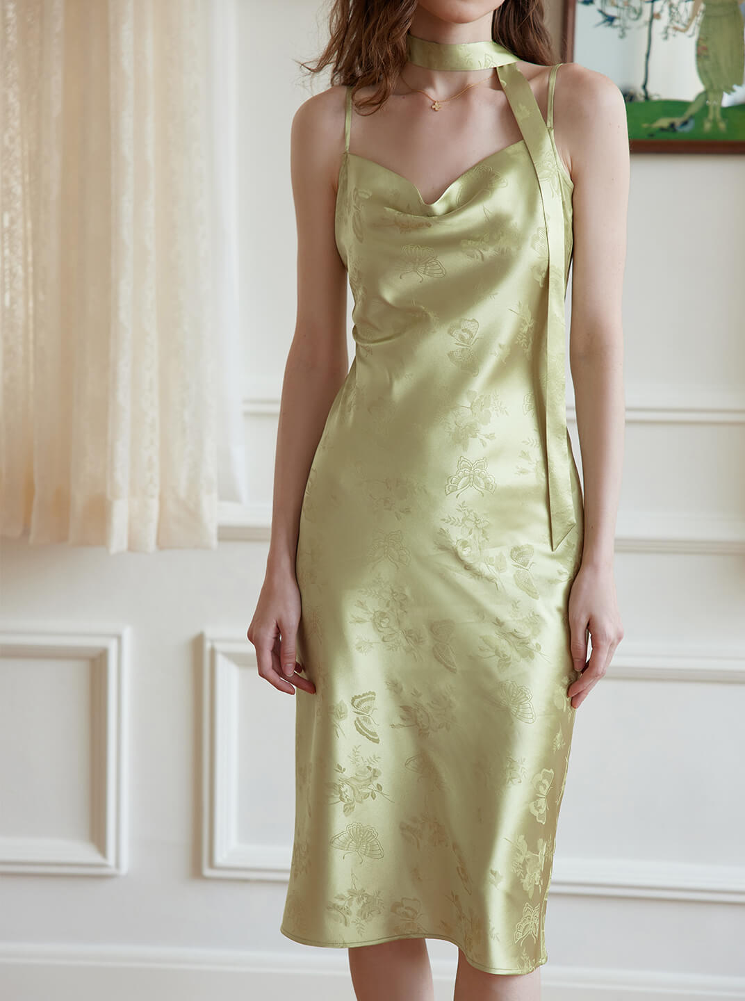 Etta green rose jacquard vintage spaghetti strap dress
