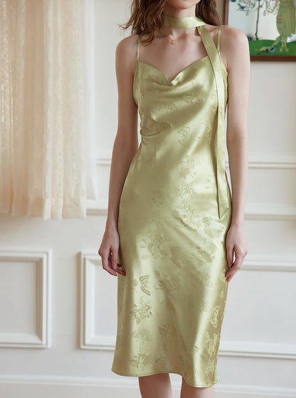 Etta green rose jacquard vintage spaghetti strap dress