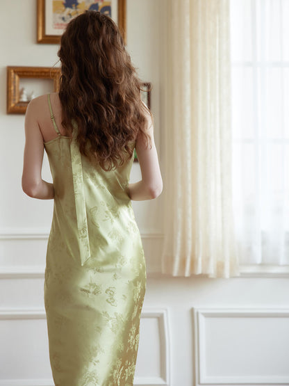 Etta green rose jacquard vintage spaghetti strap dress