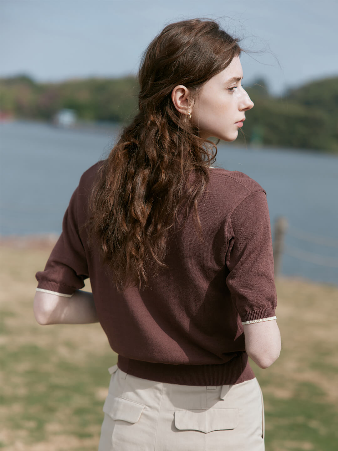 Alyssa 棕色中袖針織Polo衫/Simple Retro