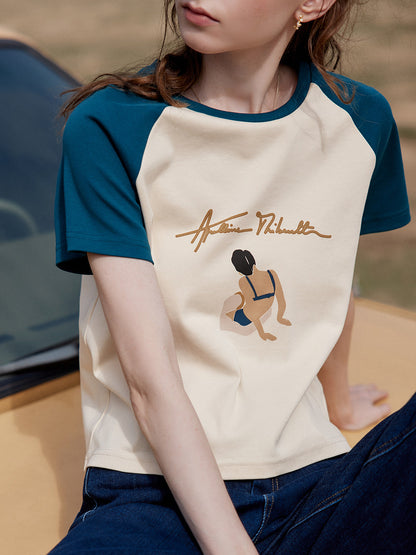 Apolline 藍色沙灘插畫印花純棉短款T恤