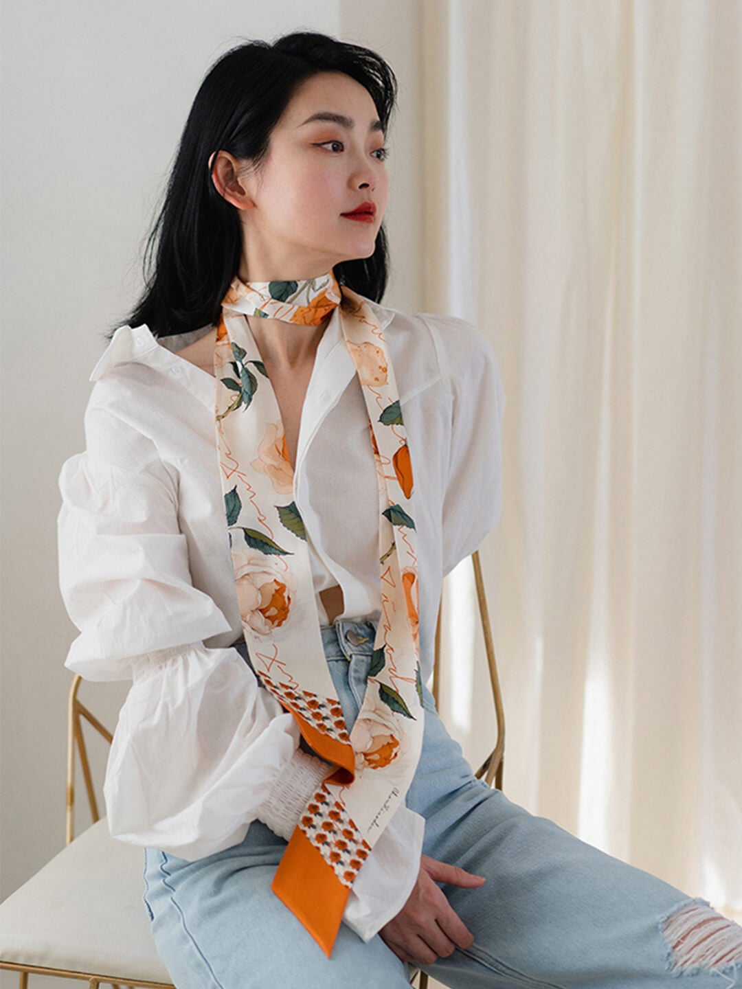 Chowxiaodou 原創4色玫瑰印花真絲素縐緞長條絲巾