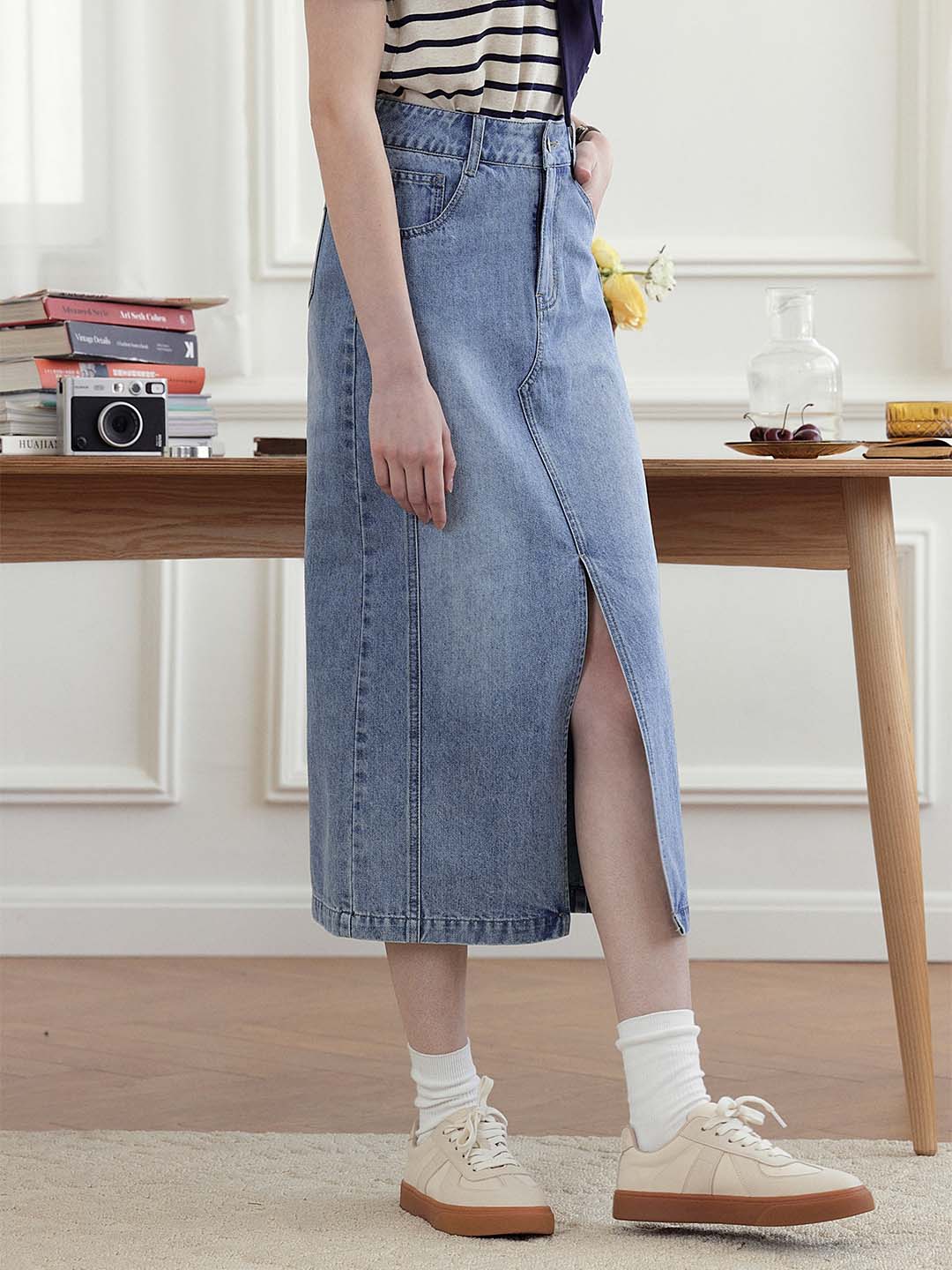 Julie 復古直筒開叉牛仔半身裙