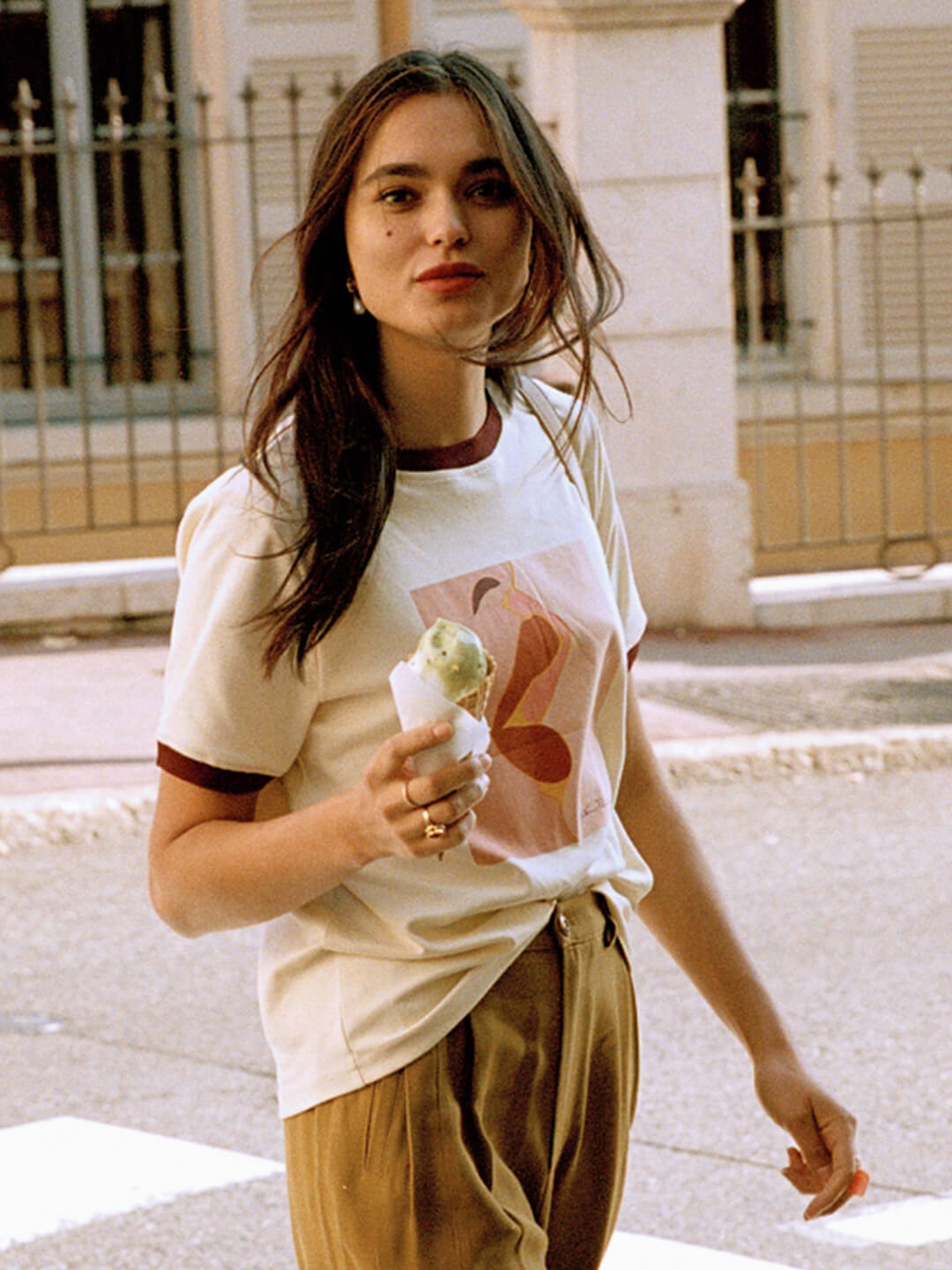 Apolline cream yellow red lip illustration printed cotton T-shirt