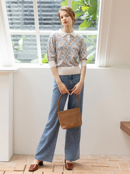 Ariana 菱格鳶尾提花中袖毛衣/Simple Retro/22209