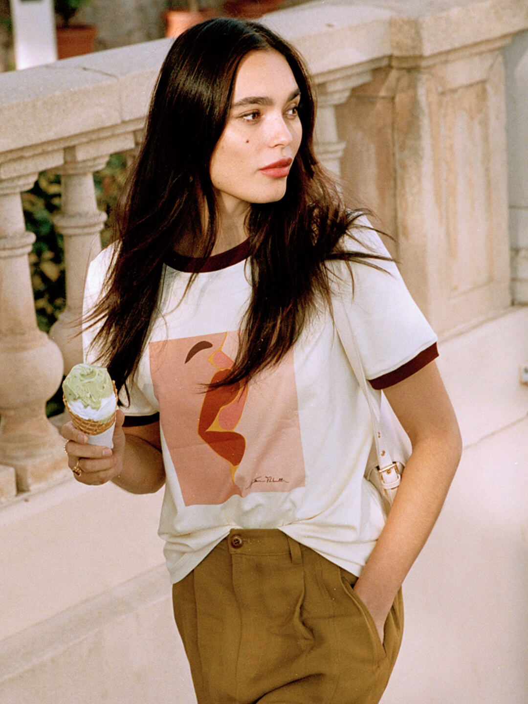 Apolline cream yellow red lip illustration printed cotton T-shirt