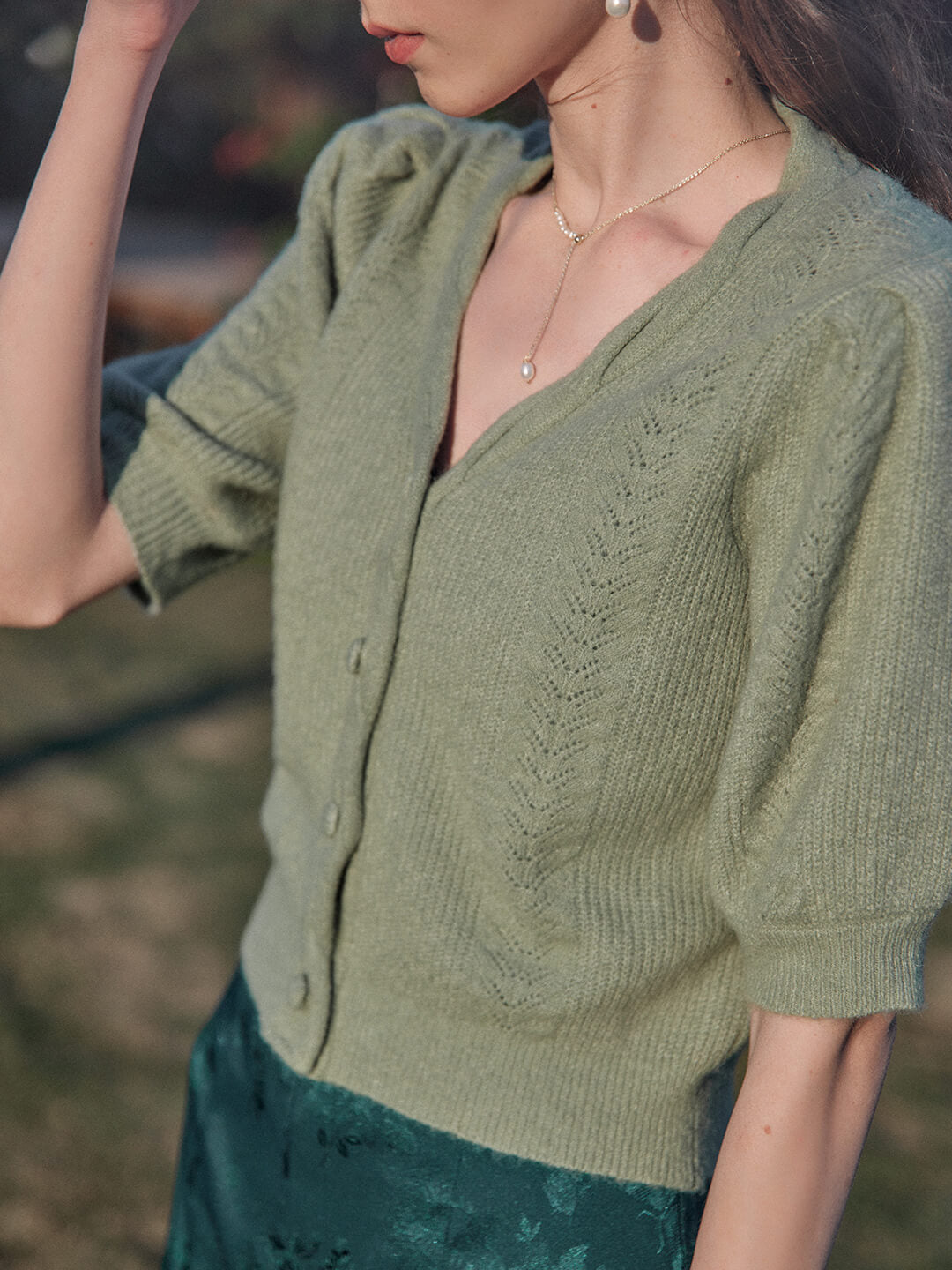 Sadie 綠色針織短款五分袖開衫外套