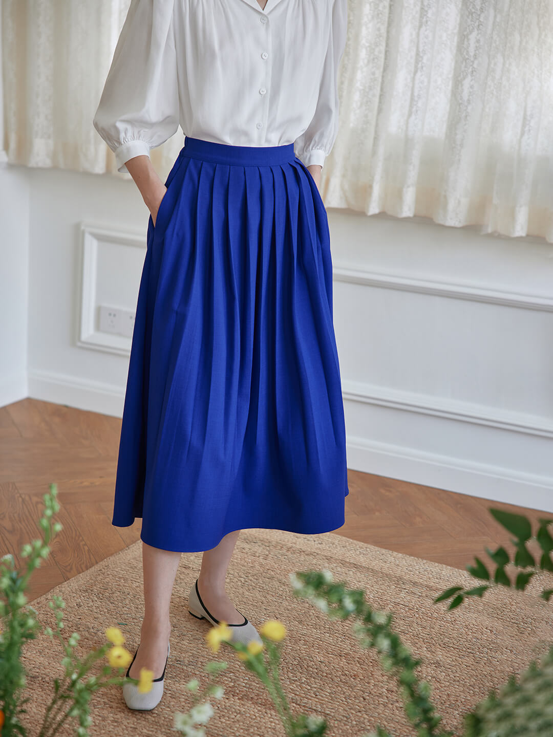 Mary 藍色高腰百褶半身裙/SIMPLE RETRO