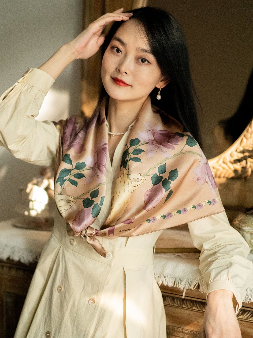 Chowxiaodou 原創4色玫瑰真絲素縐緞優雅大方巾