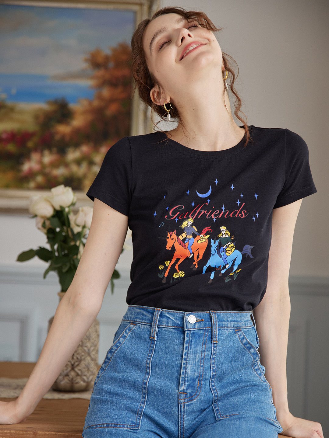 Vera純棉短袖圖案恤衫 - 黑色