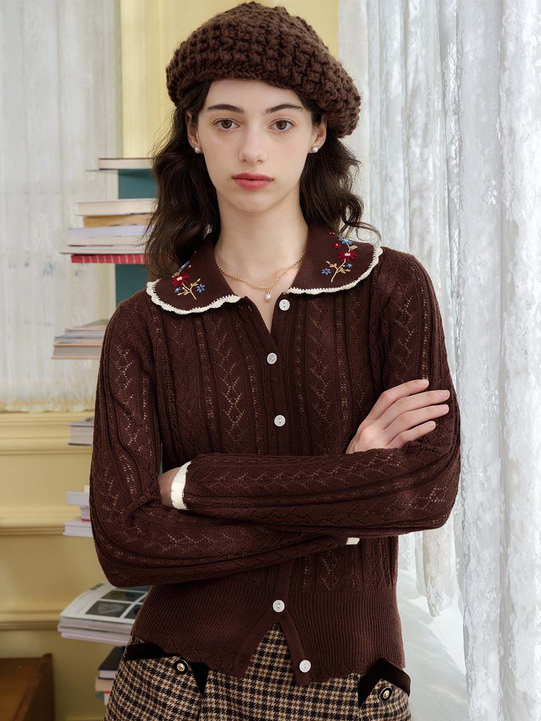 Shay Peter Pan Collar Embroidered Contrast Cutout Cardigan