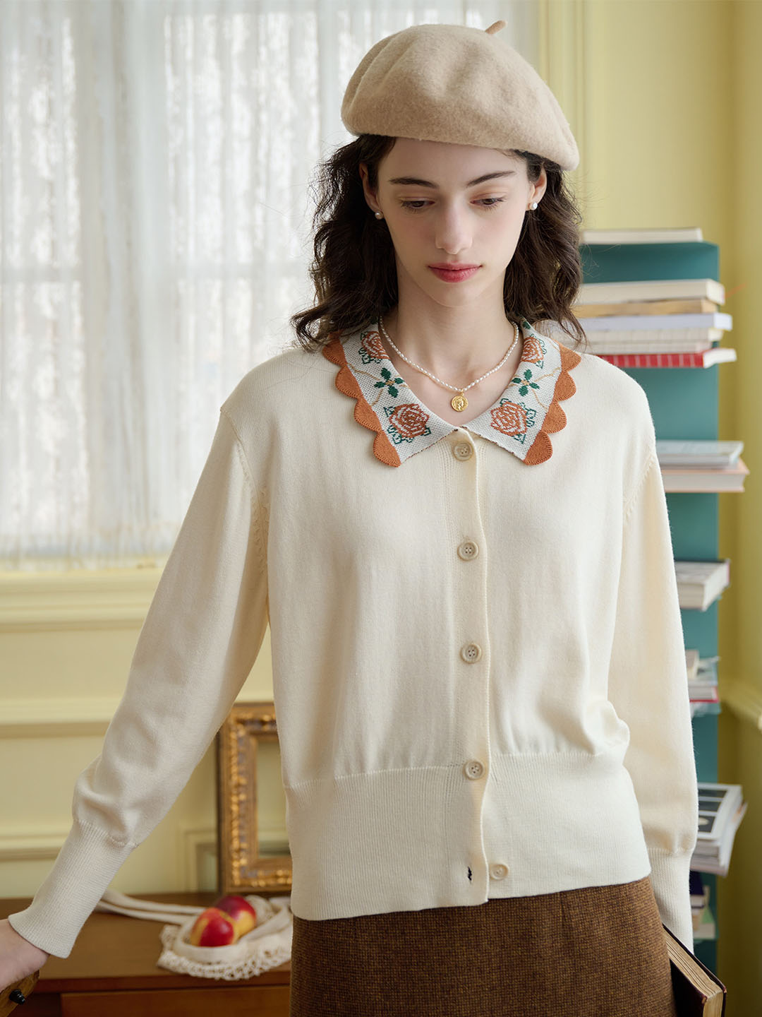 Lillian Floral Embroidered Wave Collar Contrast Knitted Cardigan