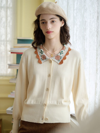 Lillian Floral Embroidered Wave Collar Contrast Knitted Cardigan