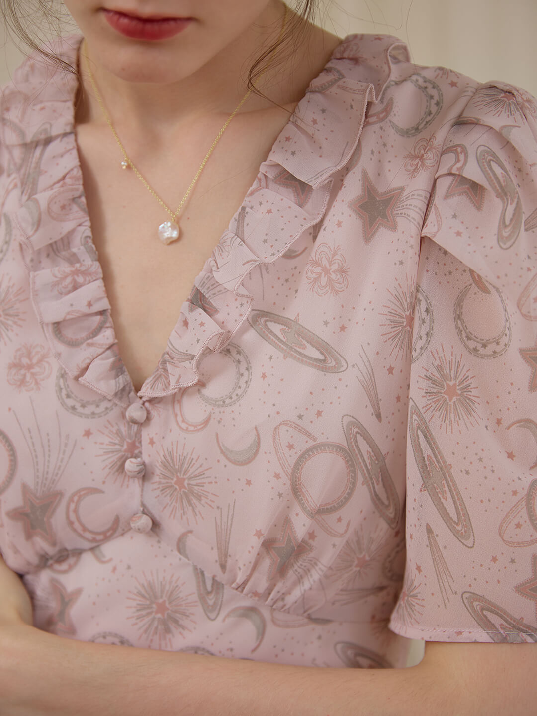 Rylee 裸粉色泡泡短袖印花連身裙/SIMPLERETRO