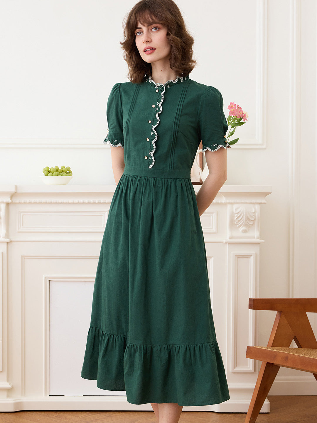 Romina 復古刺繡花邊綠色連衣裙