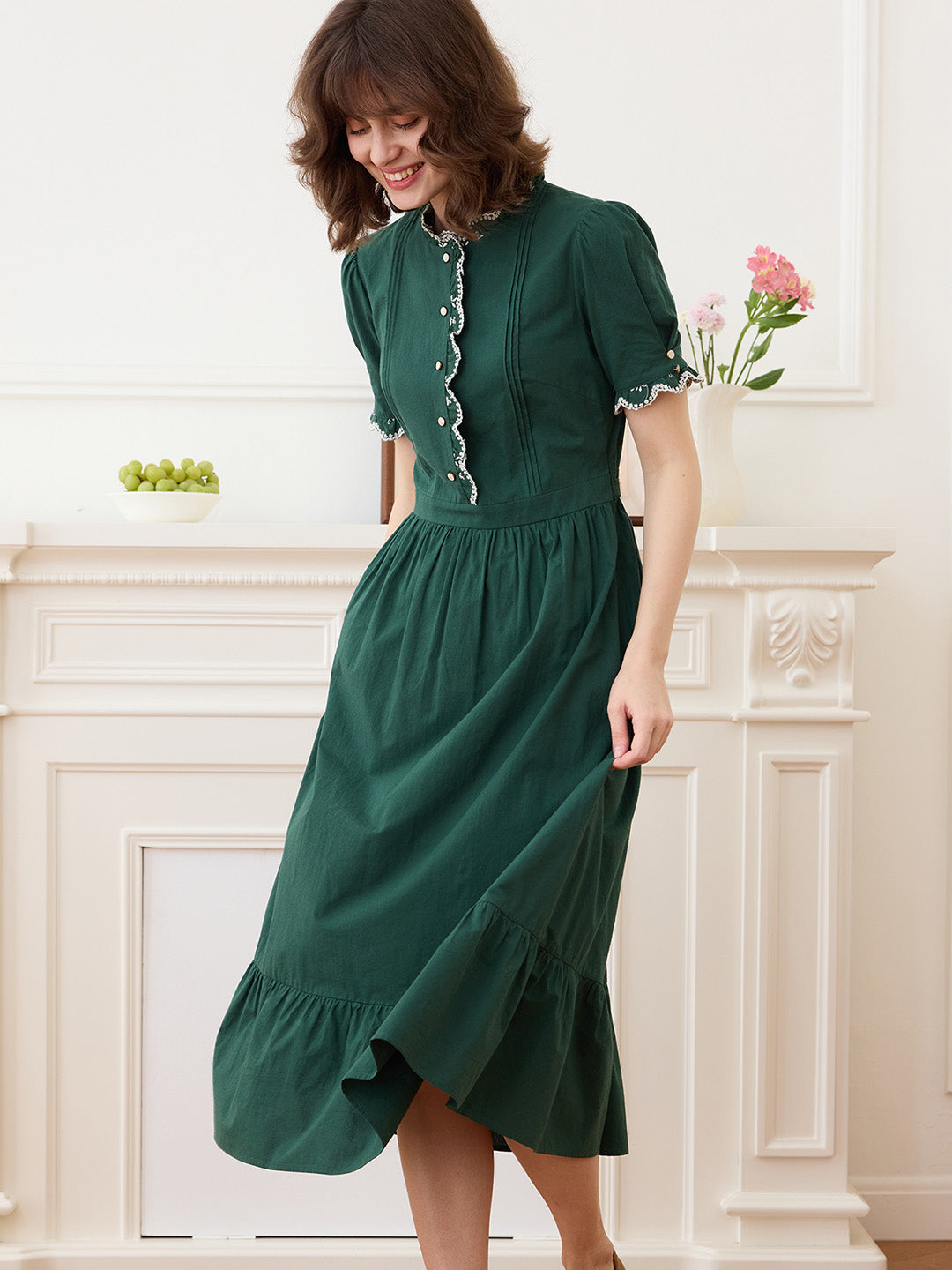Romina 復古刺繡花邊綠色連衣裙