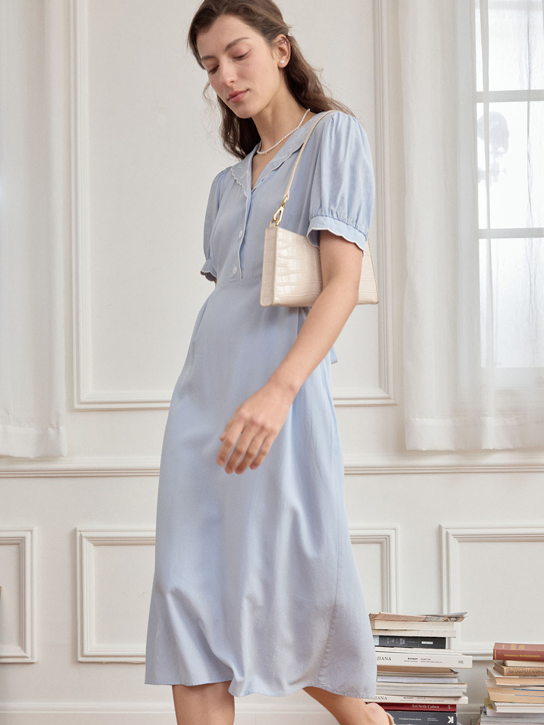 Clementine Puff Sleeve Fold Pleated Detail Dress