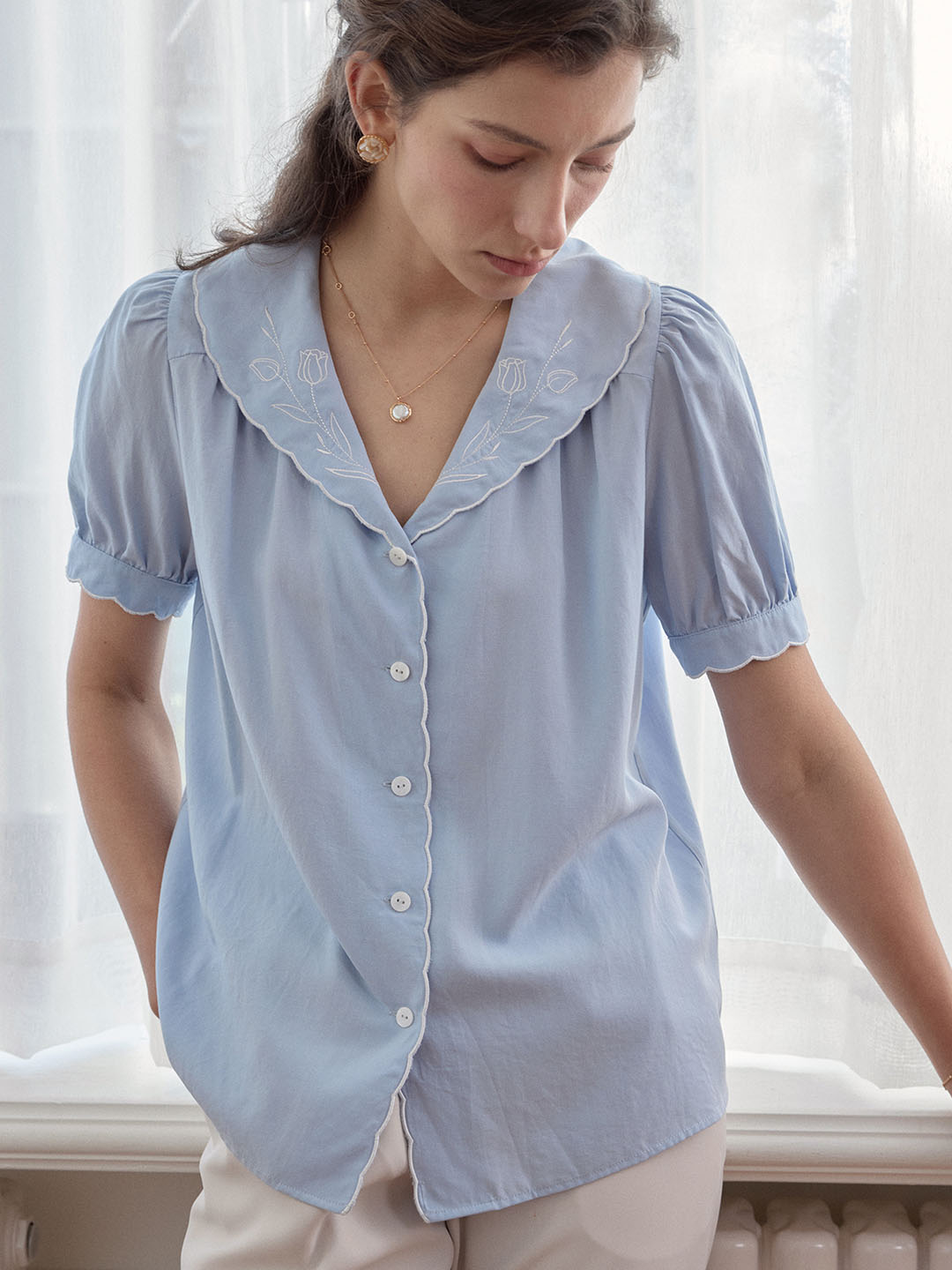 Xiomara Tulip Embroidery Puff Sleeve Button Front Shirt