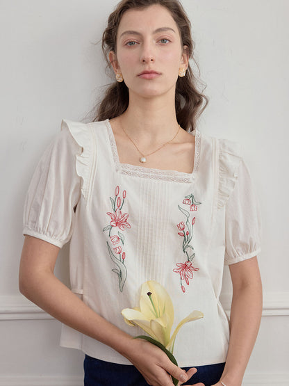 Kaliyah Floral Embroidery Ruffle Trim Square Neck Puff Sleeve Blouse